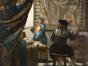Jan Vermeer, The Art of Painting, circa 1670. Painter and model depicting Clio, muse of history (section).