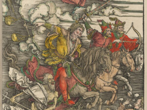 Die vier Reiter der Apokalypse, Holzschnitt von Albrecht Dürer, ca. 1496-1498.