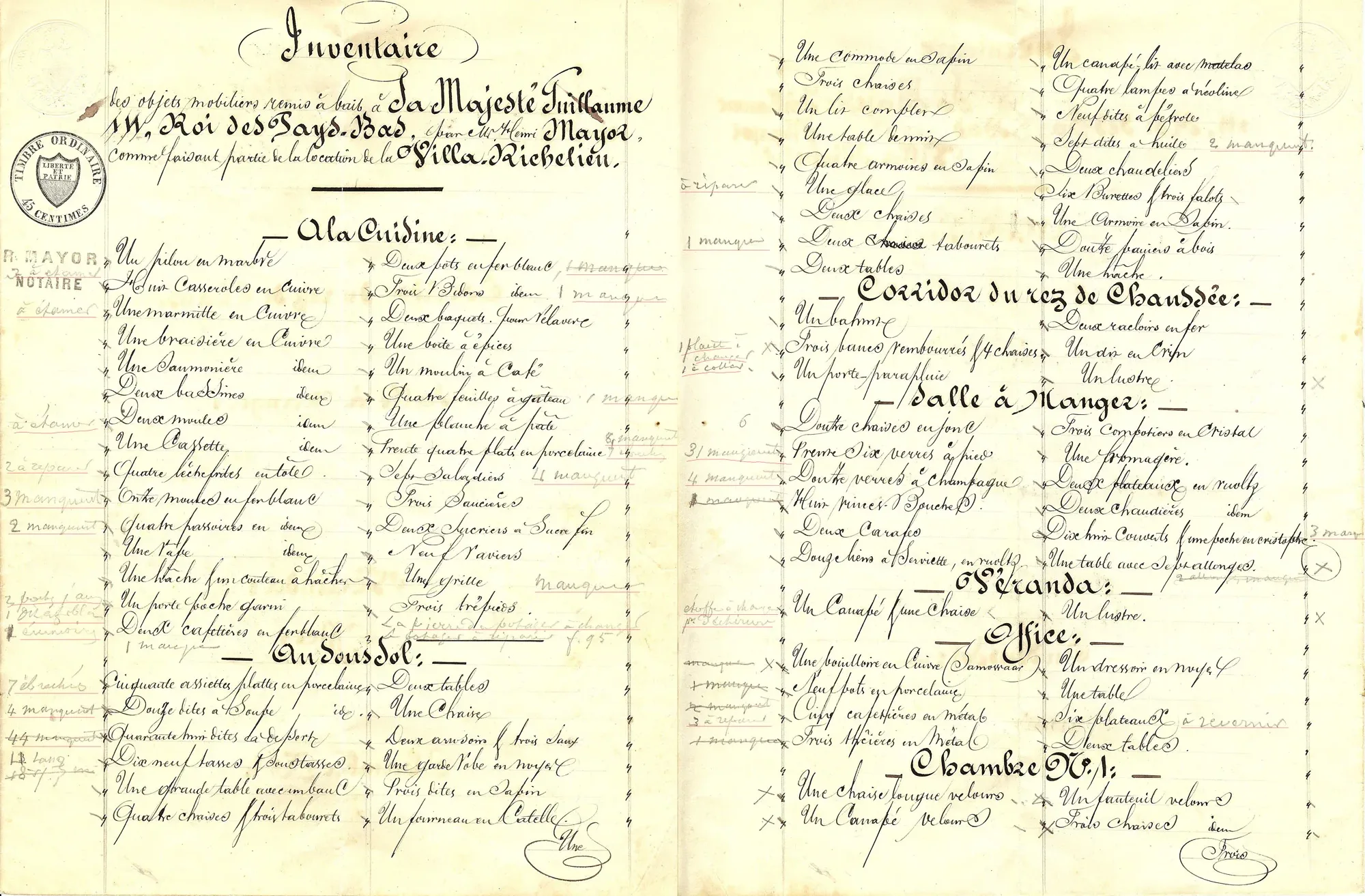 Auszug aus dem Inventar, welcher das Ausmass des Schadens erahnen lässt. Die rot unterstrichenen Stellen weisen auf beschädigte oder fehlende Objekte hin.