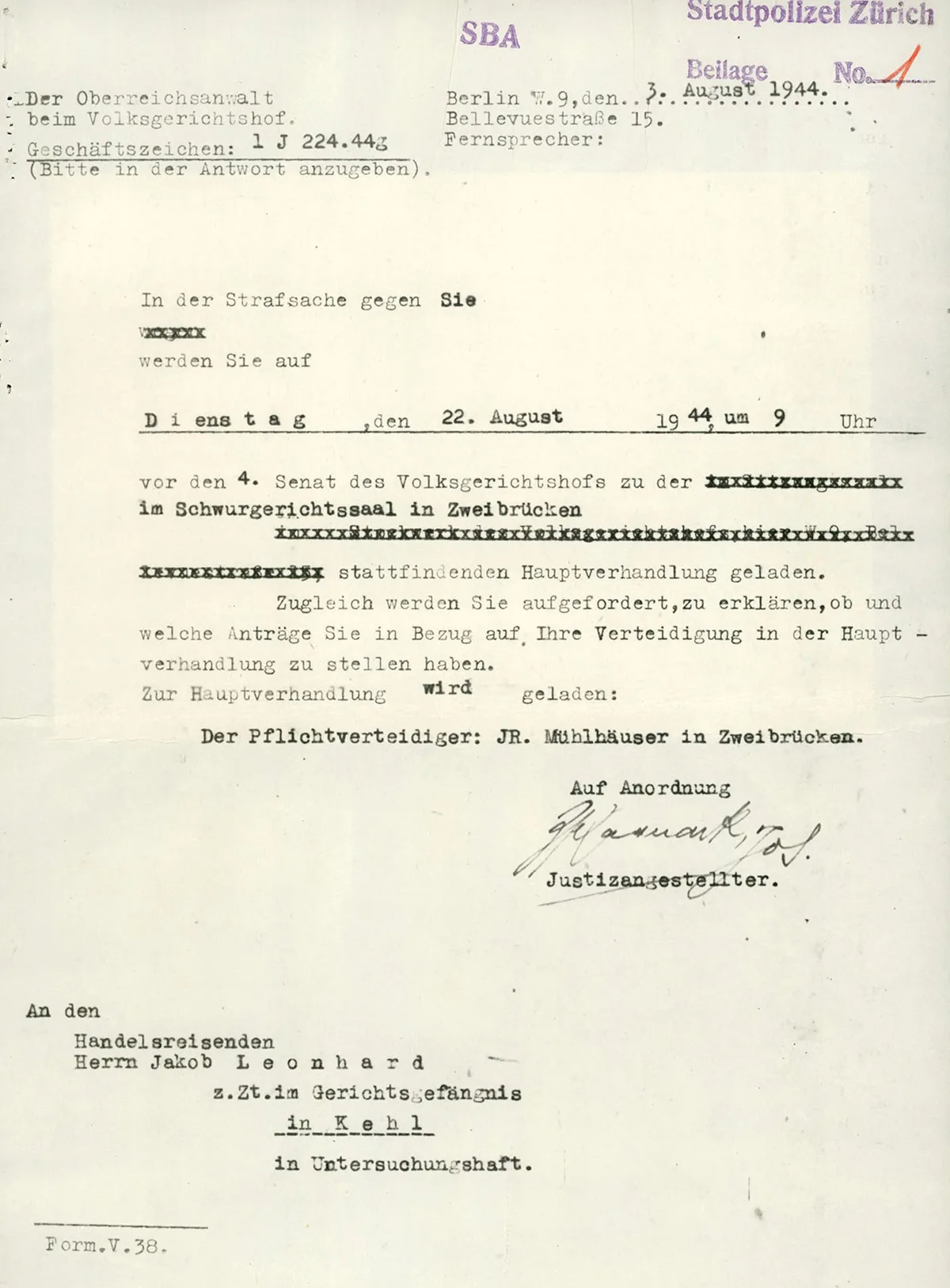 Vorladung zur Gerichtsverhandlung 1944.