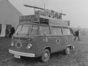 A companion you can take anywhere: VW camper van at an anti-nuclear protest, Lucens, 1978.