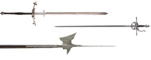 Épée longue d'Allemagne, vers 1580 (ci-dessus), rapière, vers 1550 - 1600 (centre), hallebarde, vers 1525 - 1550 (ci-dessous).