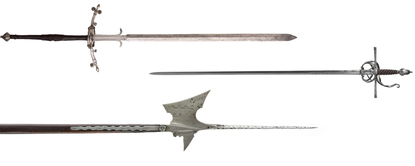 Zweihänder (Langschwert) aus Deutschland, um 1580 (oben), Rapier (Stossdegen), um 1550 – 1600 (Mitte), Halbarte (Hellebarde), um 1525 – 1550 (unten).