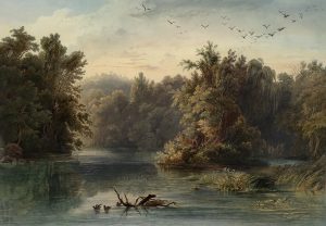 "Forest scene on the Lehigh (Pennsylvania)". The Lehigh River is a branch of the Delaware in eastern Pennsylvania. Illustration by Karl Bodmer from the publication Travels in the Interior of North America, around 1841.