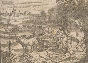 Sägen, hacken, zerteilen: Waldarbeit im 17. Jahrhundert. Holzschnitt aus dem «Georgica curiosa», einem Lehrbuch zur Haus- und Landwirtschaft, um 1685.