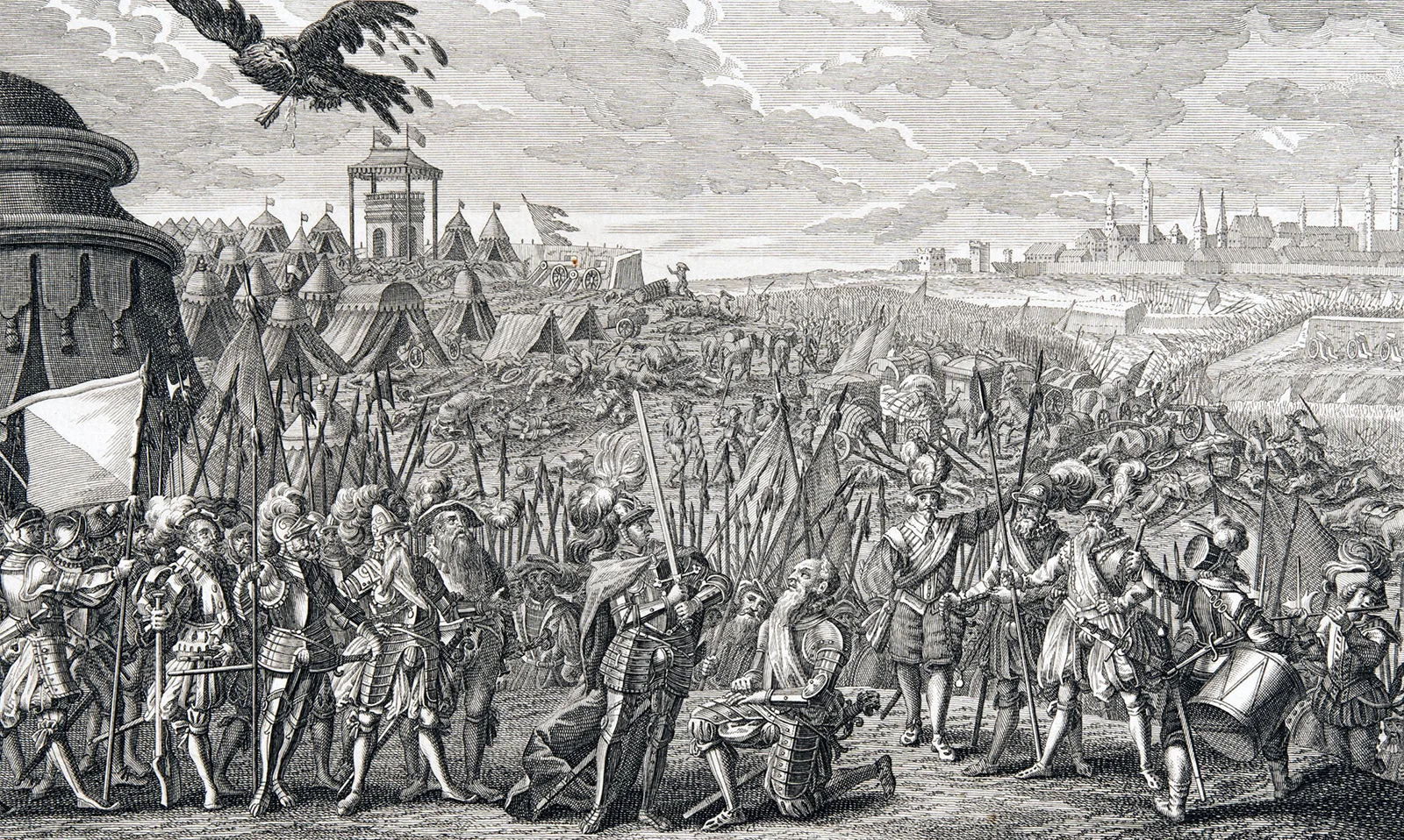 Hans Waldmann wird nach der Schlacht von Murten zum Ritter geschlagen. Kupferstich von 1741.