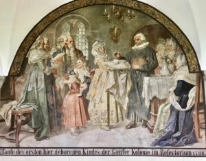 “Christening in the refectory of the first child born to the Genevan colony, 1786”. Mural by Carl von Häberlin, 1895.