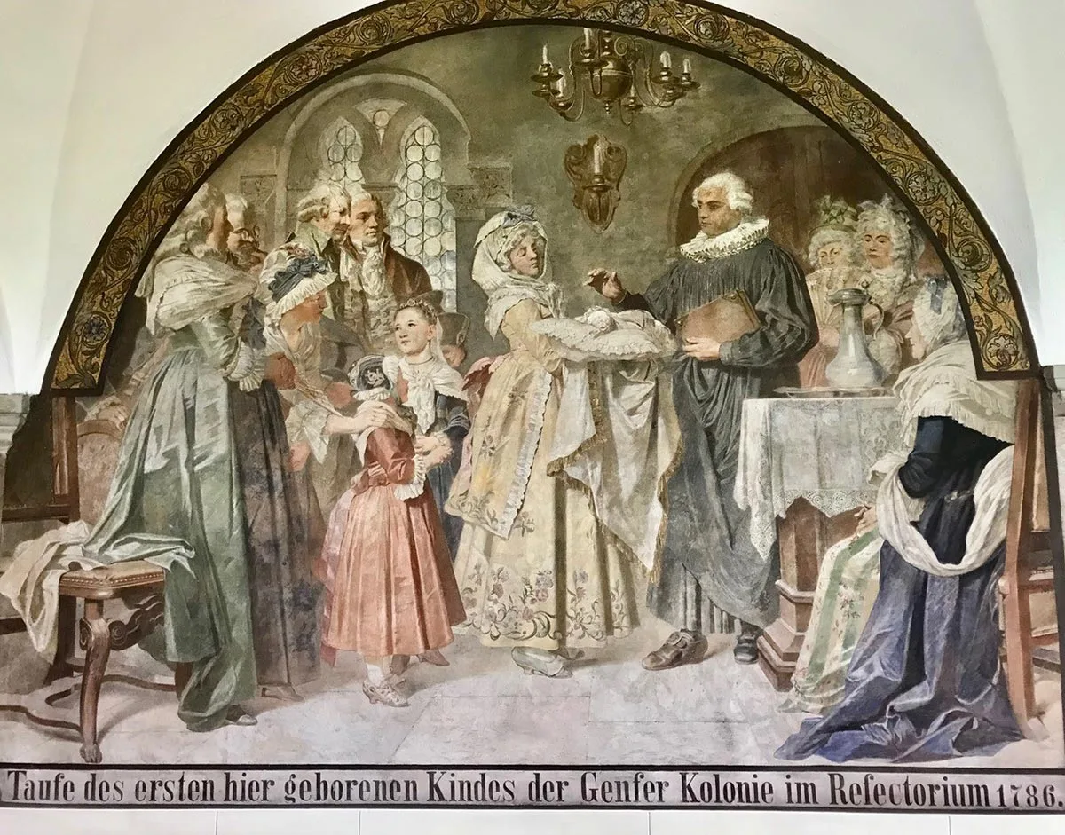 «Taufe des ersten hier geborenen Kindes der Genfer Kolonie im Refectorium 1786». Wandbild von Carl von Häberlin, 1895.