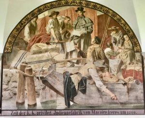 «Le temps des privilèges impériaux. Fabrique d’Indienne Macaire frère en 1800». Peinture murale de Carl von Häberlin, 1895.