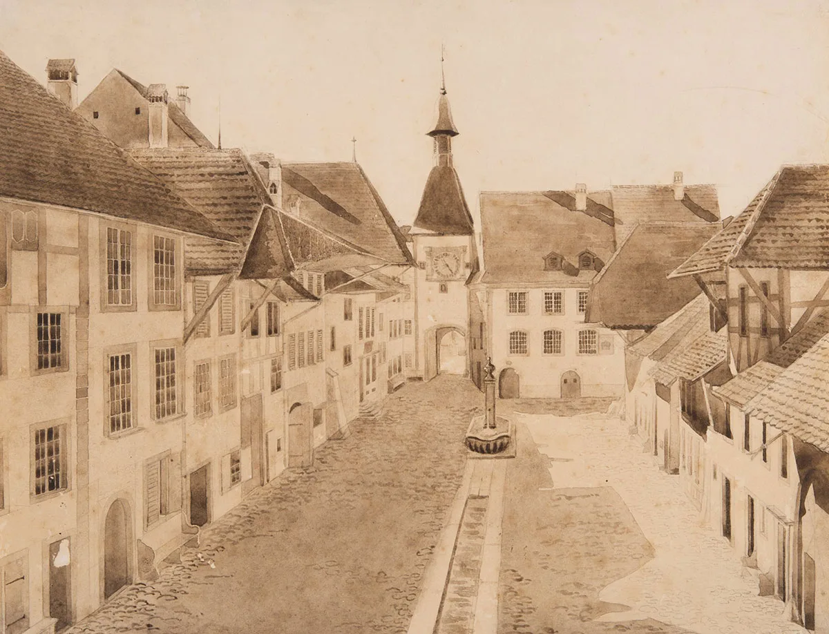 Altstadt von Wangen an der Aare auf einer Zeichnung von Ludwig Rudolf von Effinger, um 1845.