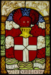 Red shield with silver cross: The coat of arms of the Duke of Savoy. Coat of arms of Duke Charles III, 1519.