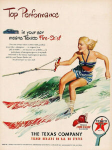 A female waterskier used in advertising in a Texaco advertisement from 1948.