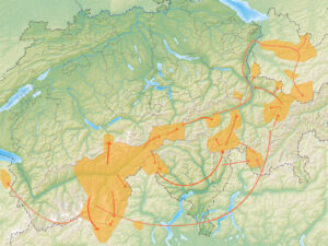 Proven (dark arrows) and suspected (light arrows) migrations of the Walsers in the 13th and 14th centuries.
