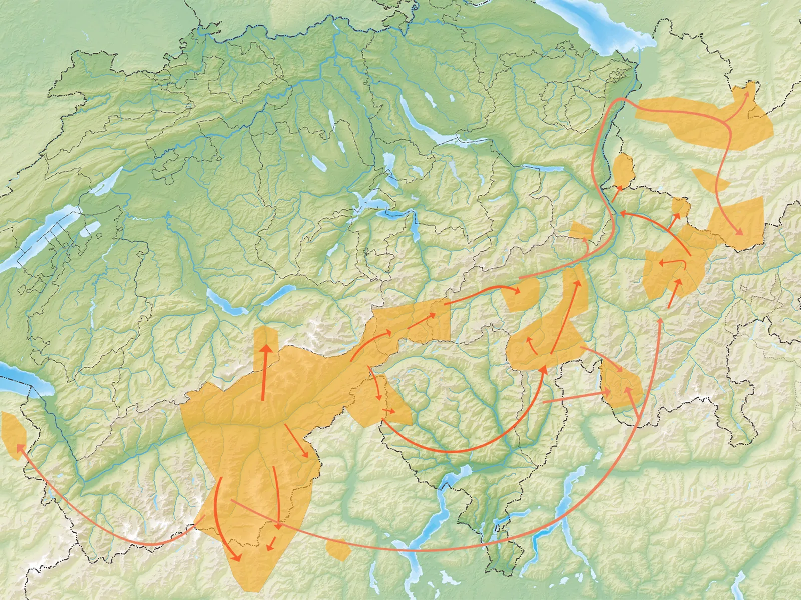 Belegte (dunkle Pfeile) und vermutete (helle Pfeile) Wanderungen der Walser im 13. und 14. Jahrhundert.