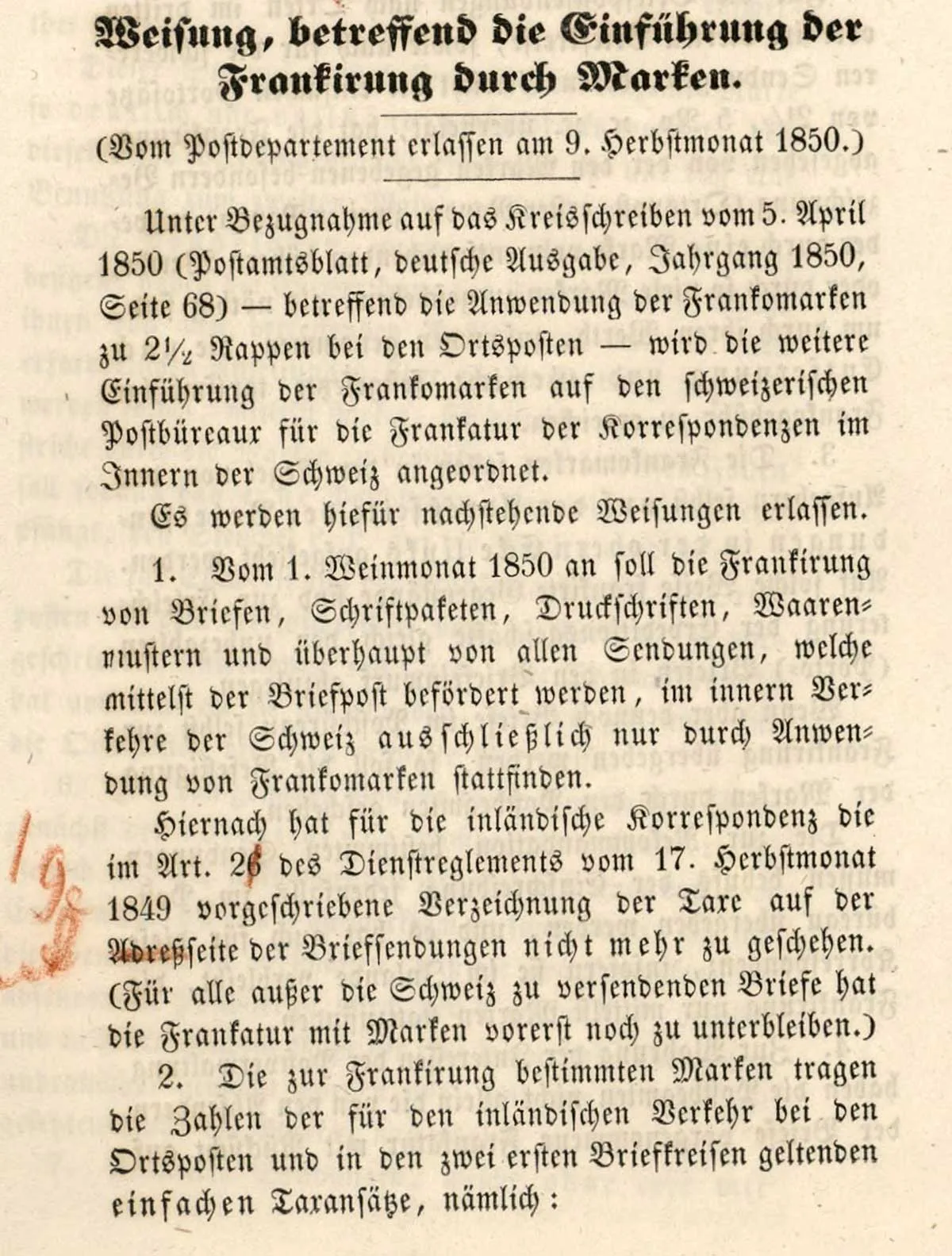 Weisung zur Einführung der Frankierung, September 1850.