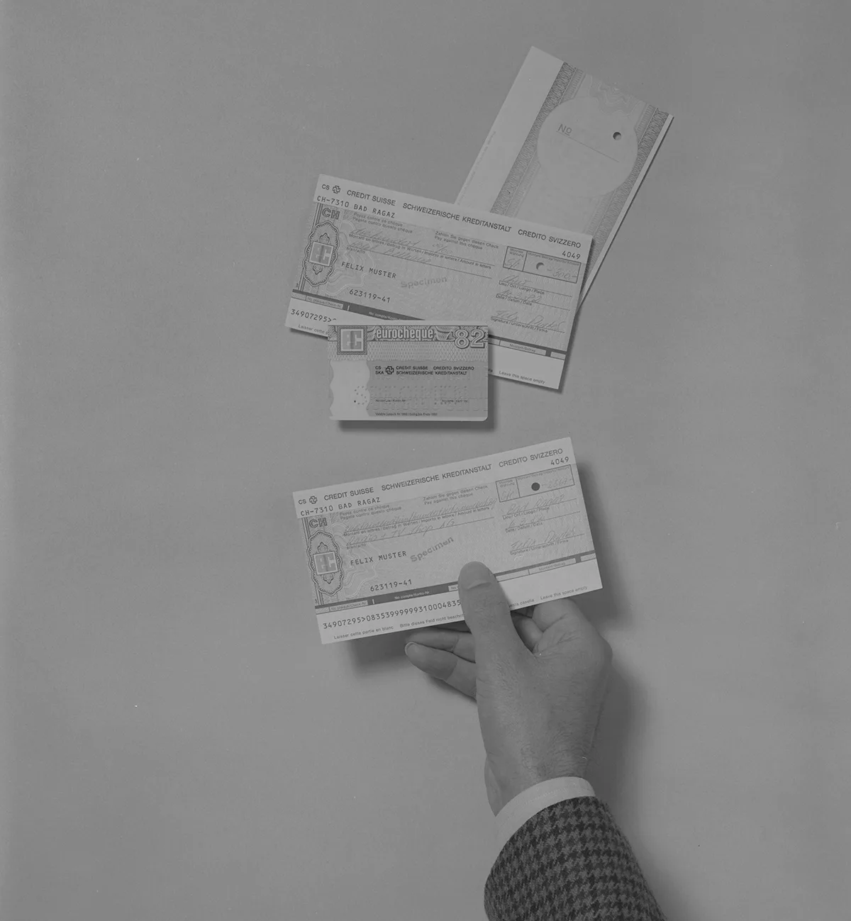 Promotional picture for Credit Suisse Eurocheques and EC card, circa 1982.