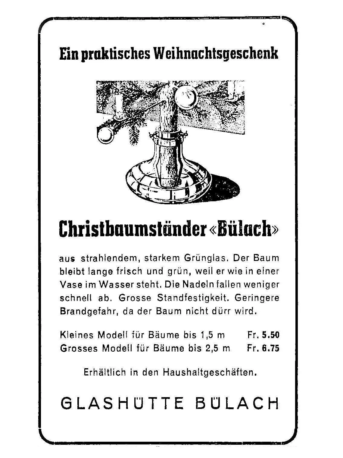 Inserat für den grünen Weihnachtsbaumständer aus dem Jahr 1950.