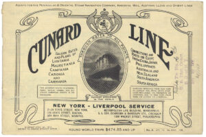 Annonce de la Cunard Line vantant «Les bateaux à vapeur les plus rapides du monde», 1914.
