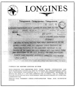 Page publicitaire de Longines dans le Journal du Jura du 3 mars 1960, après les Jeux organisés à Squaw Valley.