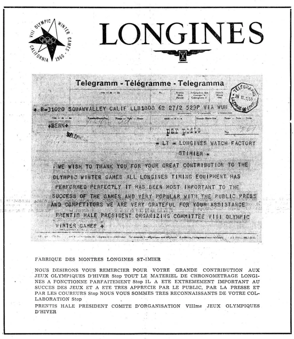 Longines ad page in the Journal du Jura on 3 March 1960, after the Olympic Games in Squaw Valley.