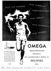 Werbeseite von Omega in der NZZ vom 20. Juni 1952 anlässlich der Spiele in Helsinki und dem 20-jährigen Jubiläum der Firma bezüglich Zeitmessung an Olympischen Spielen.