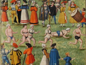 Men and women participating in a race at Augsburg shooting festival in 1509, illustration in ‘Kriegsbuch u. a. Über Schützen- und Turnierwesen’ (war book about shooting events and tournaments i.a.), circa 1570.