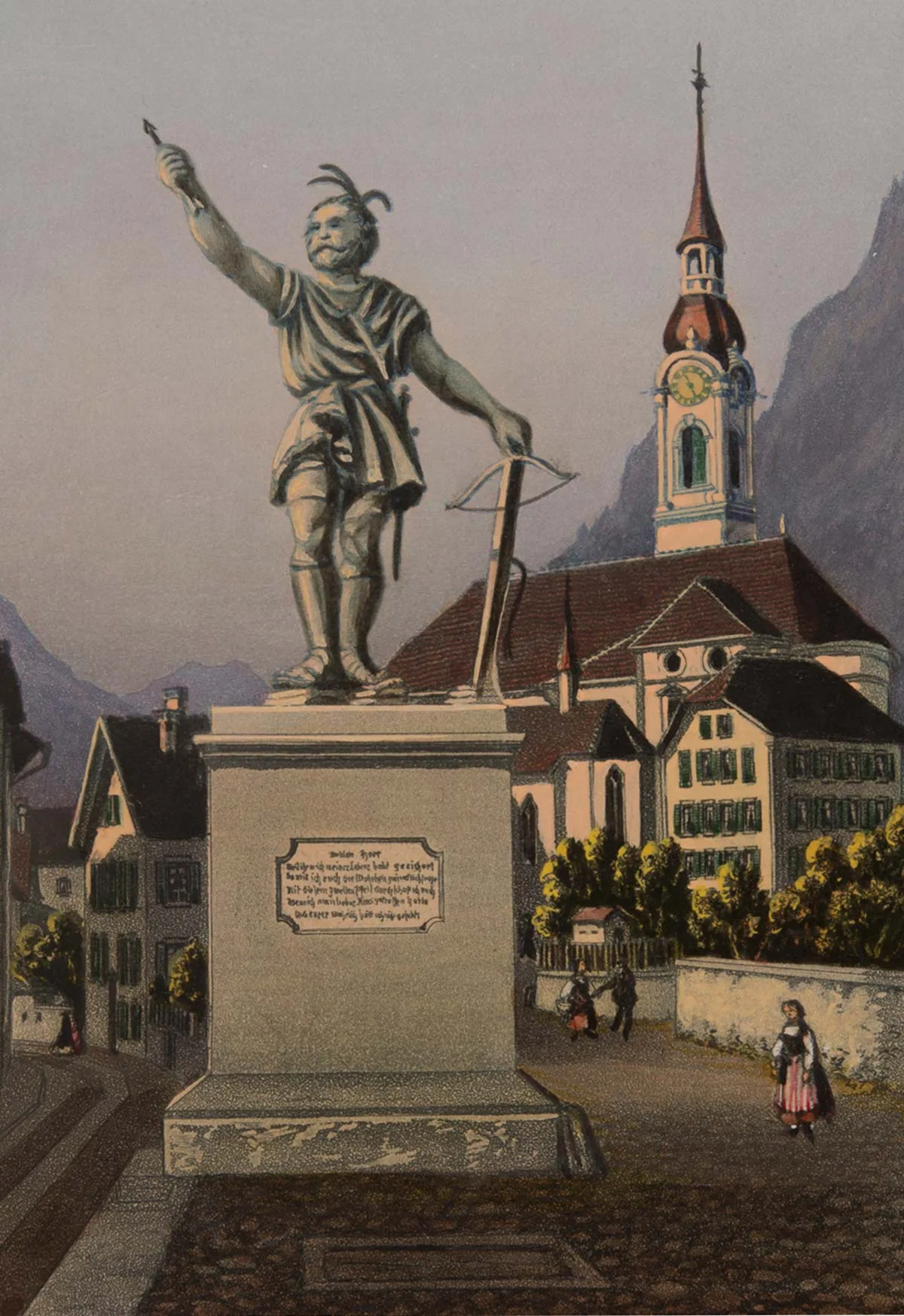 Im Streitgespräch mit seinen Dienstkameraden brach Marcel Beck eine Lanze für Willhelm Tell. Druckgrafik aus dem 19. Jahrhundert.