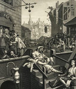 ‘Gin Lane’: Print by William Hogarth showing the effects of gin consumption, c. 1750.