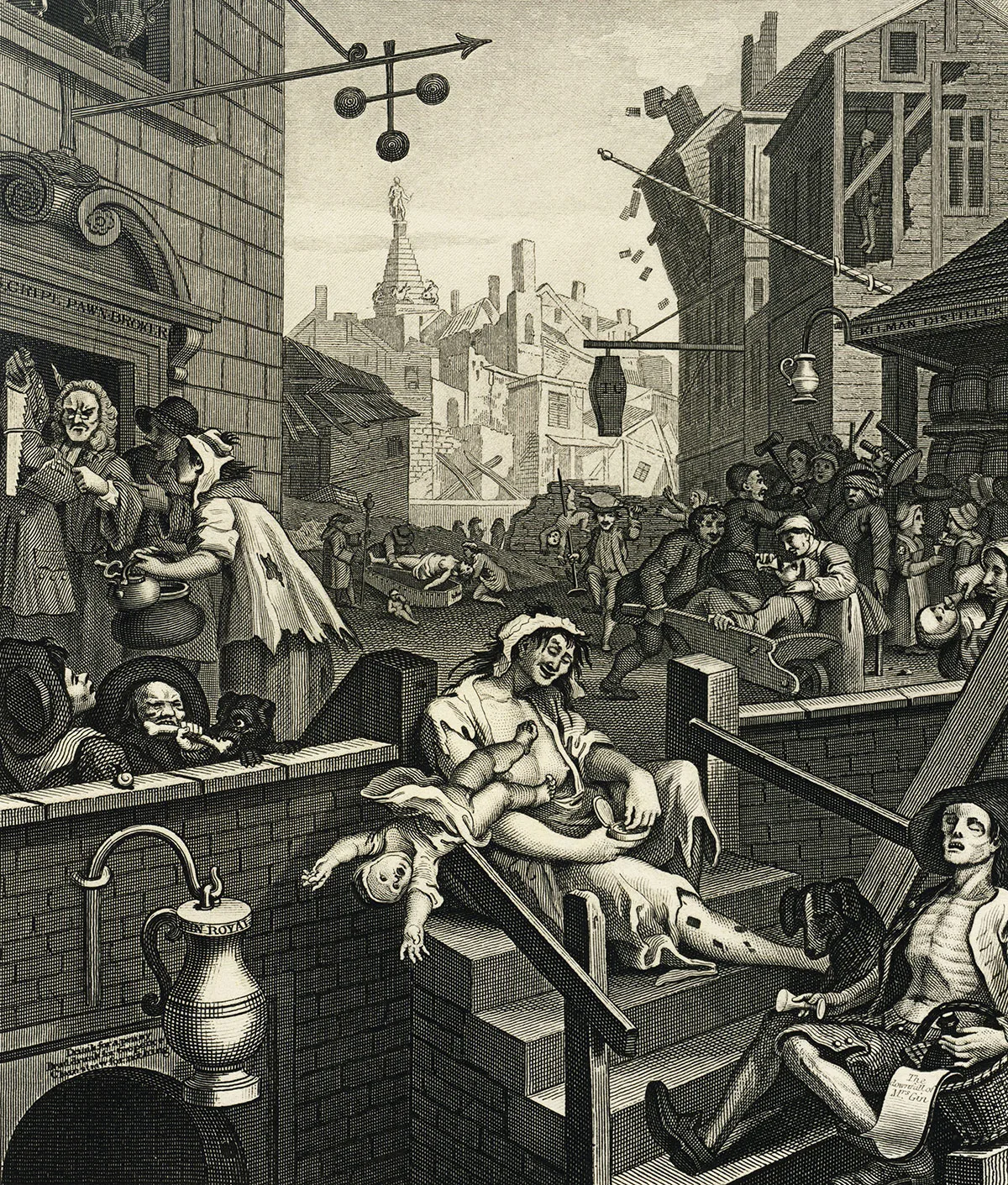 Der Druck von William Hogarth zeigt die Folgen des Ginkonsums, um 1750.