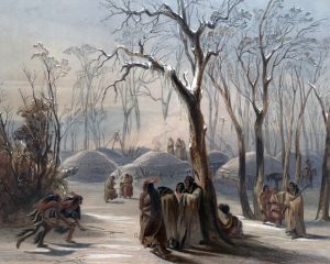 "Winter village oft he Minatarres". The Minnataree are a sub-tribe of the Sioux. Illustration by Karl Bodmer from the publication Travels in the Interior of North America, around 1841.