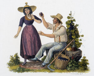 Couple de viticulteurs du canton de Vaud portant le costume traditionnel régional, vers 1800.