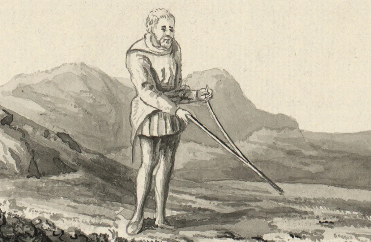 Im 18. Jahrhundert wurde oft mit Wünschelruten nach versteckten Schätzen gesucht. Illustration von Thomas Pennant, 1781.