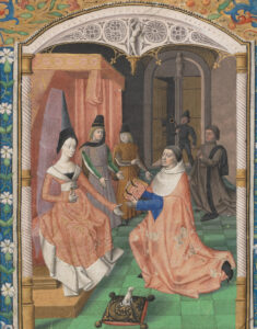 The Duchess of Savoy, Yolande de Valois (left), in a dedication in the manuscript Rhetorica by Guillaume Fichet, 1471.
