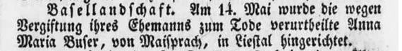 Meldung der Hinrichtung im Intelligenzblatt für die Stadt Bern vom 16. Mai 1840.