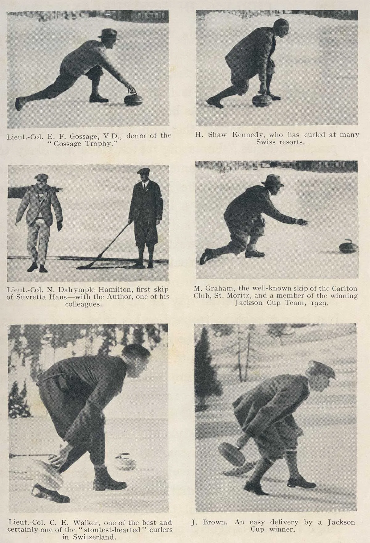 Präsentation der curling personalities in Arthur Noel Mobbs’ ‘Curling in Switzerland’ von 1929: Alles noble Herren aus Grossbritannien.