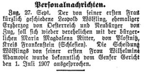 Notice from the Neue Zürcher Nachrichten of 28 September 1907.