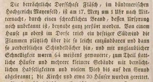 Die Zeitung Der Schweizerfreund berichtete im März 1822 über den Grossbrand im Dorf Fläsch.