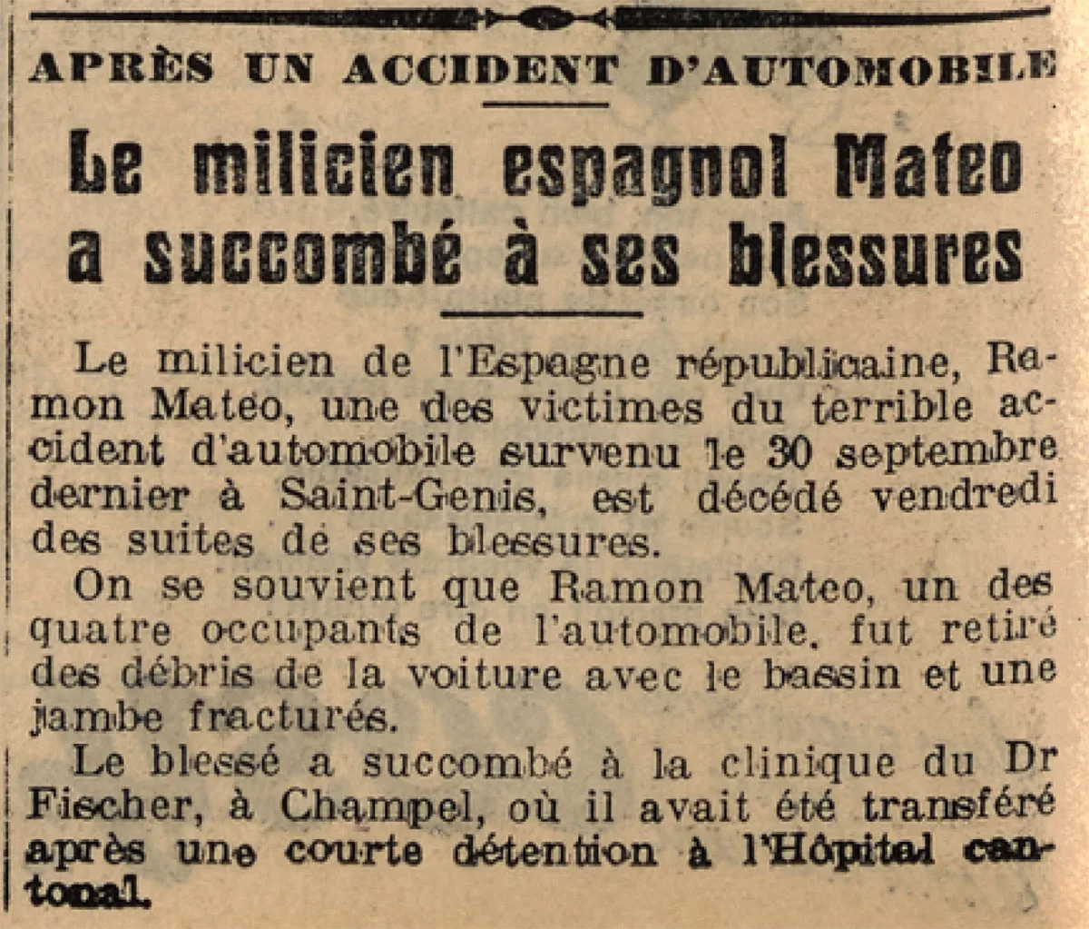 Zeitungsmeldung zum Tod von Ramón Mateo in der Tribune de Genève vom 5. Dezember 1936.