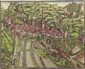 Bandes de toile de lin laissées à blanchir devant la ville de Saint-Gall, dans une illustration de 1545. Aujourd’hui encore, les lieux-dits «Bleicheli» ou «Kreuzbleiche» témoignent de l’importance passée du processus de blanchiment («bleichen» en allemand).