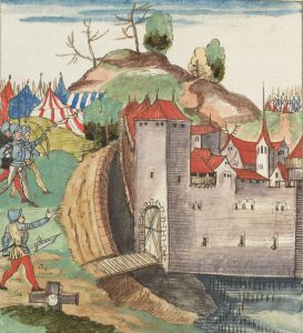 Zur Einschüchterung der Belagerten schiessen die Burgunder Zettel an Pfeilen befestigt in die Stadt. Abbildung aus der Silbereisen Chronik, 1572.