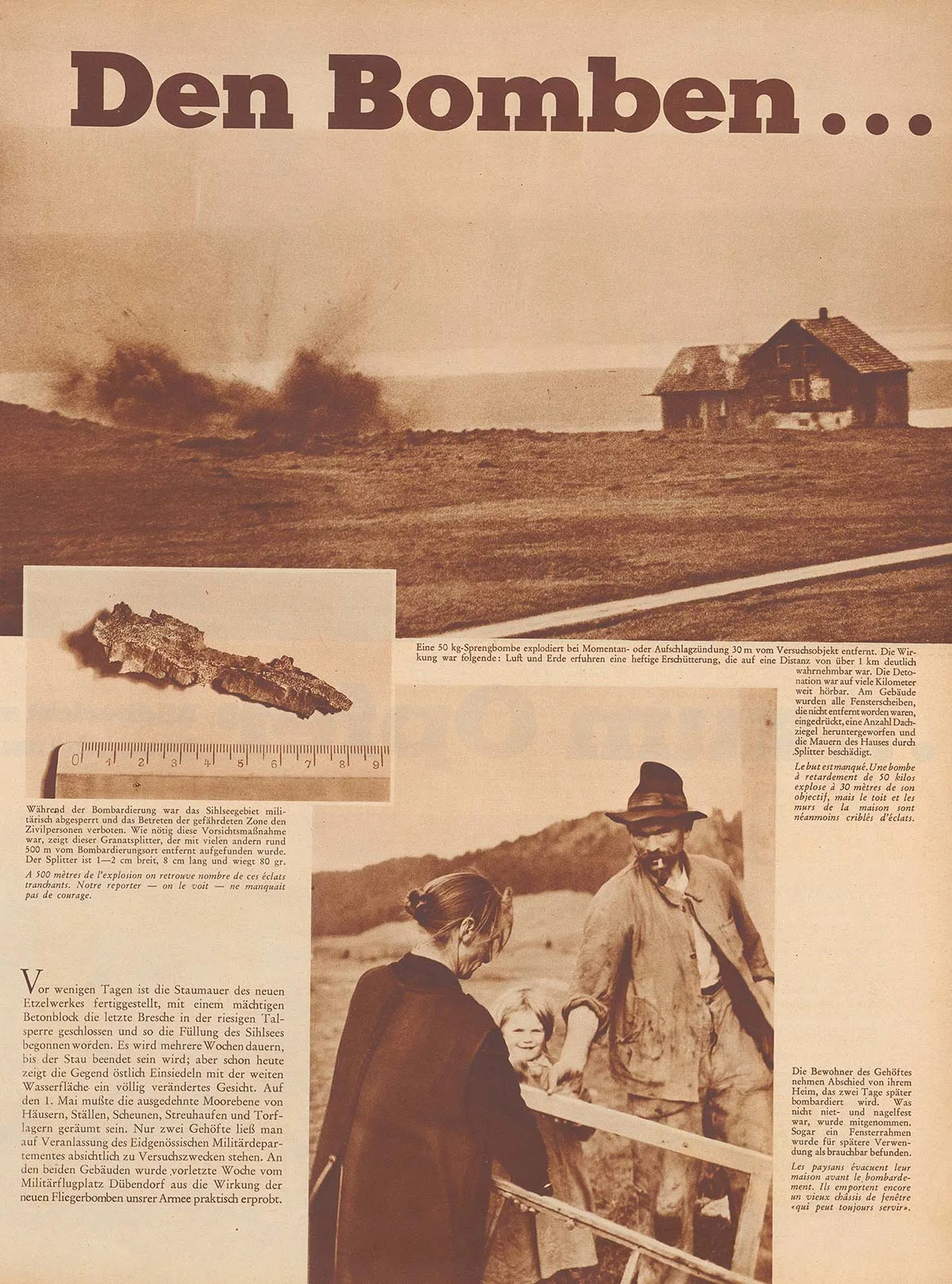 Bild der Familie Grätzer, welche die Sihlebene verlassen musste. Ausserdem zeigte die Zürcher Illustrierte auch einen gefundenen Bombensplitter.