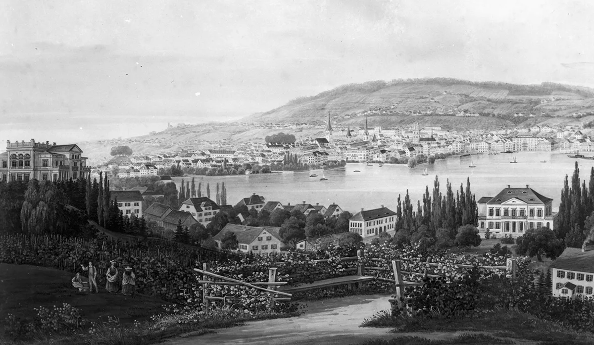 Die Gemeinde Enge auf einer Grafik von 1860. Sie wurde 1893 eingemeindet und gehört seither zu Zürich.